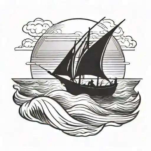 a boat sailing a peaceful sunset on the open sea tattoo design idea