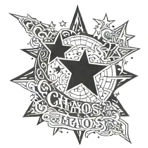 word "chaos" above an dark role pushing stars tattoo design idea