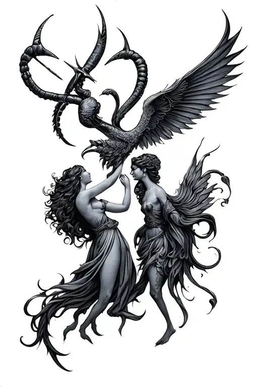cancer and Sagittarius god and goddess in love tattoo design idea