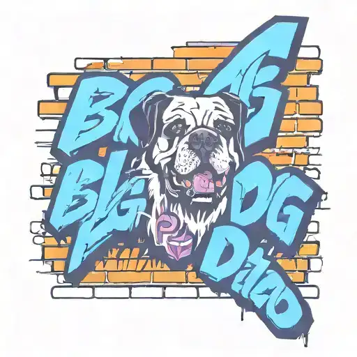 brick wall with graffiti writing "big dog tattoo studio" st bernard tattoo design idea