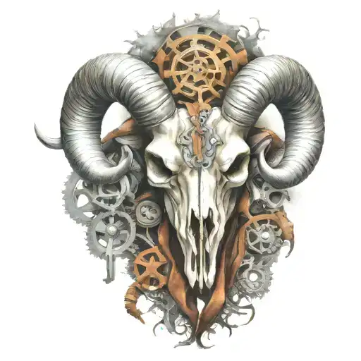 rocky mountain ram skull,  horns become exaust pipes, tattered ribbon, gears, airbrushed, chrome, only ribbon colored tattoo design idea