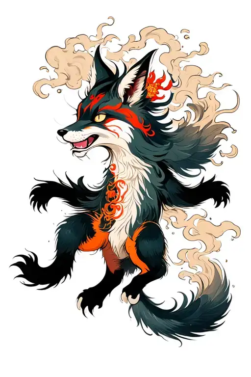 a Chinese fox spirit jumping downward with multiple tails, enveloped in wisps of smoke  tattoo design idea