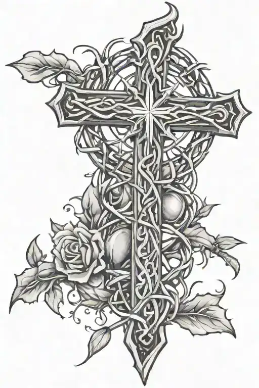 crown of thorns wrap around calf with Christian cross tattoo tattoo design idea