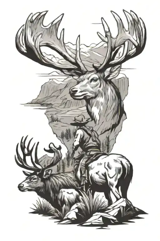 western mountains with a cowboy hunting a mule deer buck  tattoo design idea