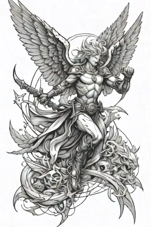 Arkhangel in the sky, thunderbolts, divided into a drawing tattoo design idea