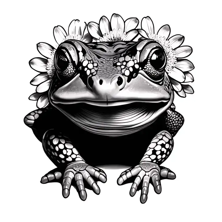 toad with flowers tattoo design idea
