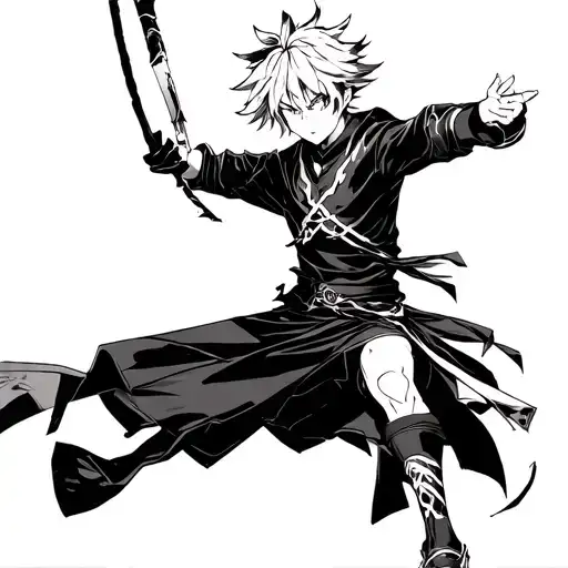 Zenitsu Agatsuma from anime Demon Slayer kimetsu no yaiba  in a dynamic action pose surrounded tattoo design idea