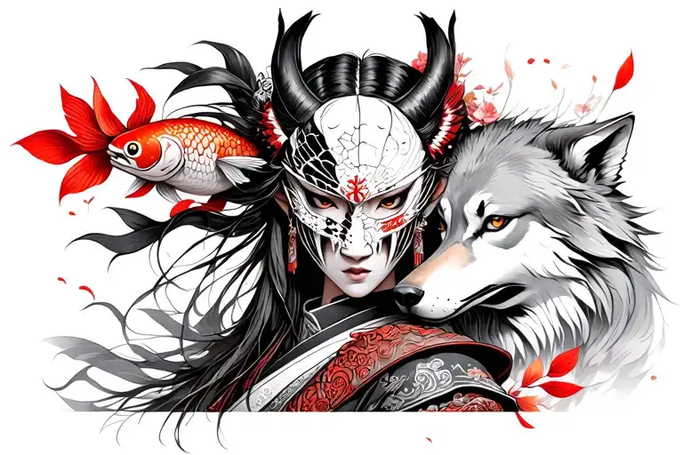 female samurai warrior with broken oni demon mask a koi fish red sakura petals and wolf spirit tattoo design idea