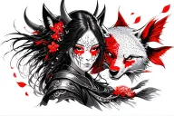 female samurai warrior with broken oni demon mask a koi fish red sakura petals and wolf spirit tattoo design idea