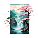 Sakura Trees in Bloom, with petals in the wind. In the background, a rushing waterfall cascades over a cliffside. tattoo design idea