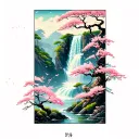 Sakura Trees in Bloom, with petals in the wind. In the background, a rushing waterfall cascades over a cliffside. tattoo design idea