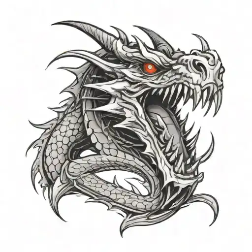 A fierce, demonic dragon with glowing red eyes, sharp fangs, and a menacing expression against a dark, fiery background  tattoo design idea