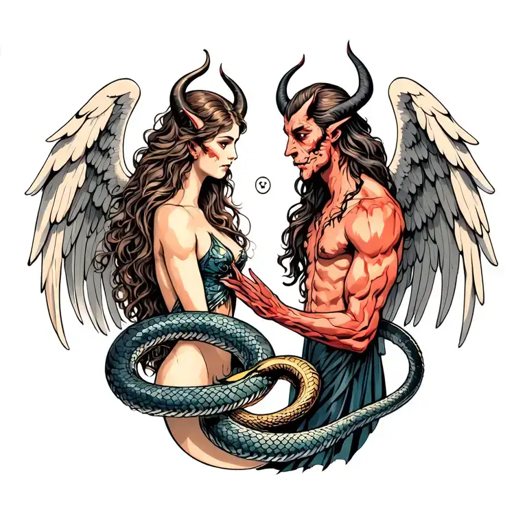 female angel and male devil looking at each other side while standing. Snake entwined  tattoo design idea