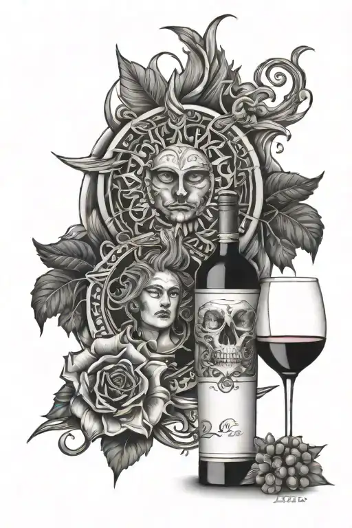 symbols of fire, wine, traveling, sun and meat tattoo design idea