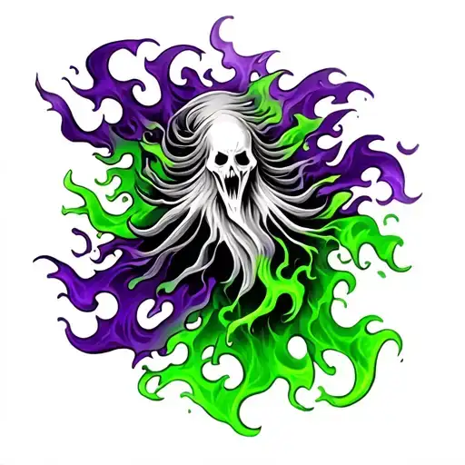 hyper-realistic ghostly tattoo design featuring flames that transition seamlessly between green and purple.  tattoo design idea