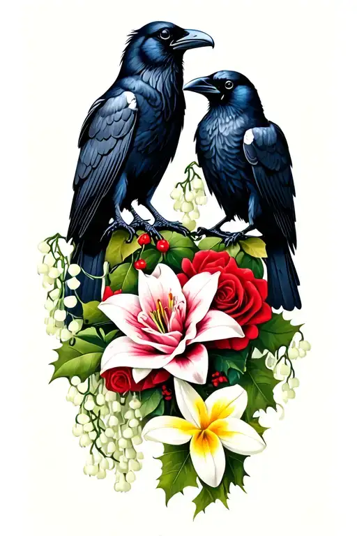 two ravens with lily of the valley, roses, holly, larkspur, and daffodil tattoo design idea