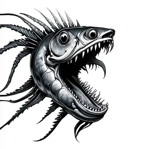 angler fish with person walking into mouth  tattoo design idea