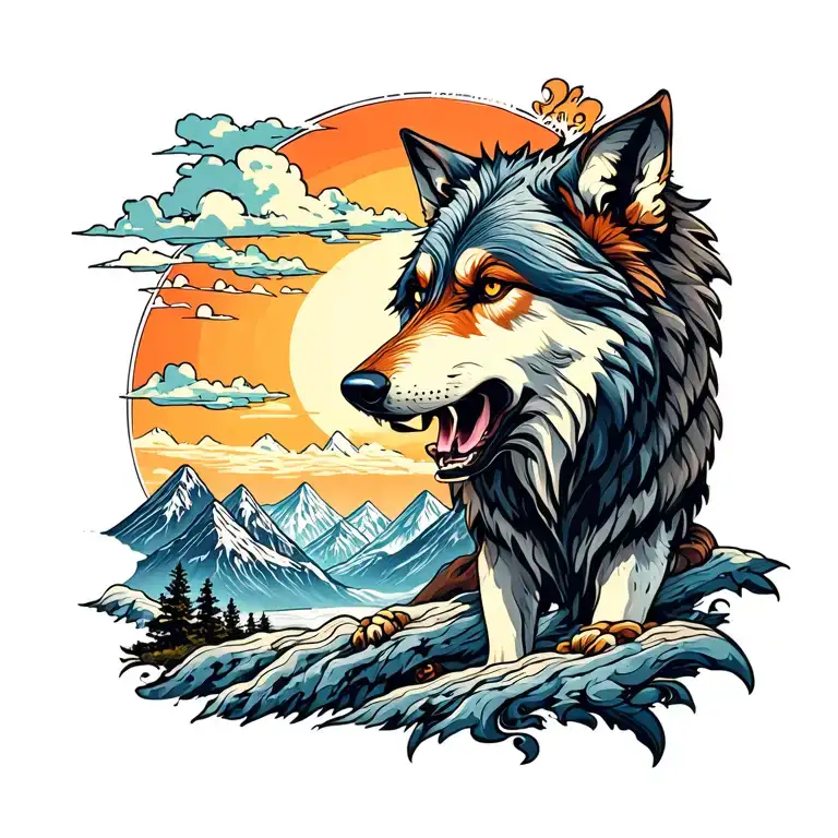 Growling Wolf And Mountains tattoo design idea