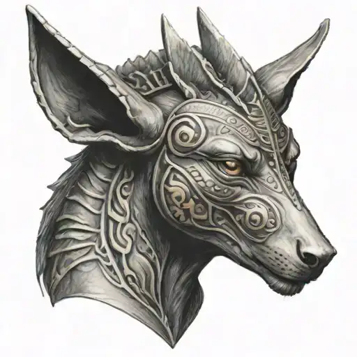 anubis head with a scale showing balance tattoo design idea