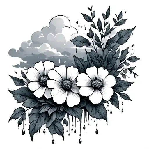 no rain no flowers surrounded with clouds and flowers tattoo design idea