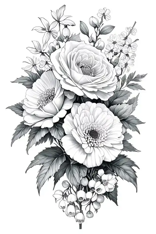 Carnations, rose, Chrysanthemums and lilly of the valley tattoo design idea