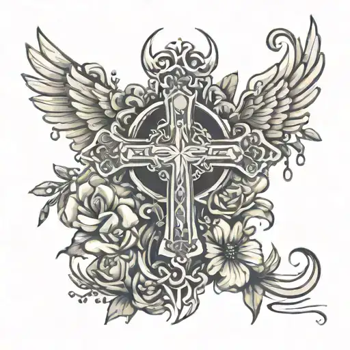 cross wings rosary flowers symbolizing strength and resilience tattoo design idea