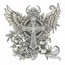 cross wings rosary flowers symbolizing strength and resilience tattoo design idea