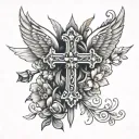 cross wings rosary flowers symbolizing strength and resilience tattoo design idea