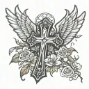cross wings rosary flowers symbolizing strength and resilience tattoo design idea