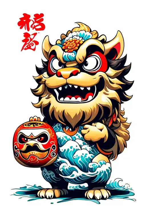 foo dog holding a daruma doll with waves in new school style tattoo design idea