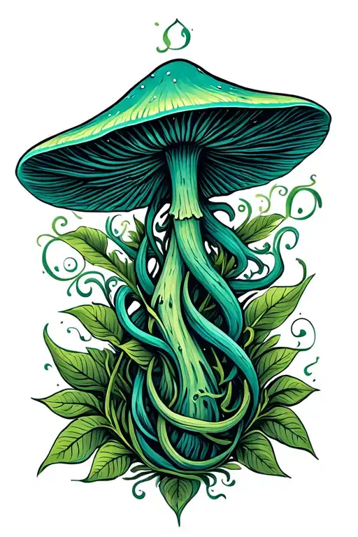 thin spilocybin mushrooms with ayahuasca vines intertwining tattoo design idea