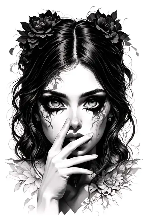 Mysterious Woman with Hidden Eyes (Shushing Gesture) tattoo design idea