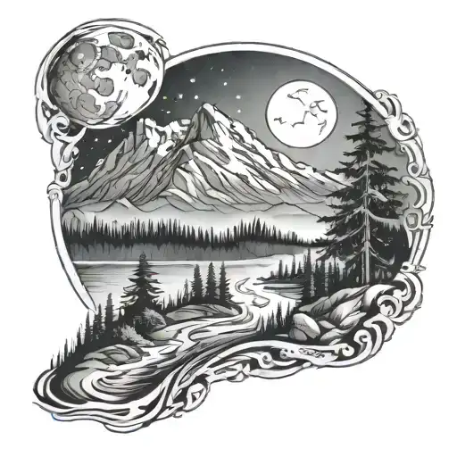 mountains trees with a full moon stars northern lights with a river below  tattoo design idea