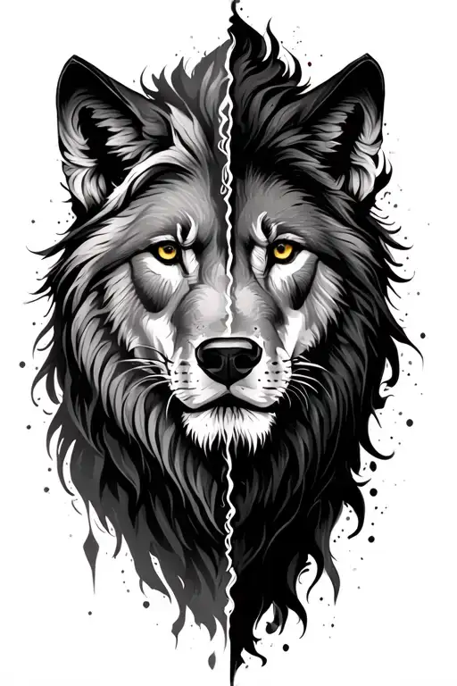 lion an wolf half splitted tattoo design idea