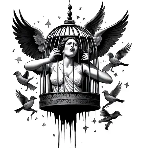 a woman trapped in a cage crying. The cage being broken apart by angels and cardinals freeing her into the heavens.  tattoo design idea