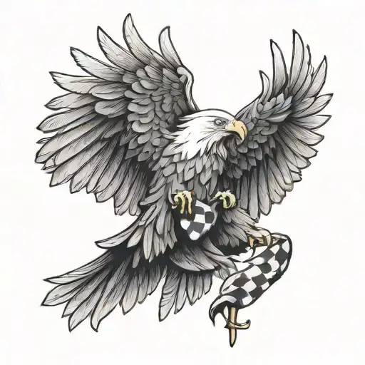 bald eagle carrying checkered flag tattoo design idea
