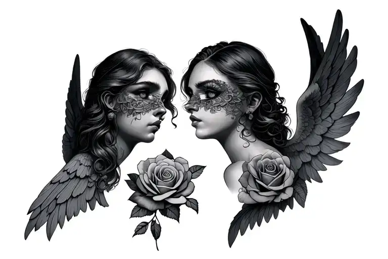 3 angels 1 covering ears 1 covering eyes 1 covering mouth. roses and a text with stilling tattoo design idea
