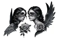 3 angels 1 covering ears 1 covering eyes 1 covering mouth. roses and a text with stilling tattoo design idea