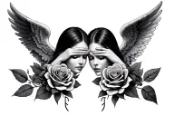 3 angels 1 covering ears 1 covering eyes 1 covering mouth. roses and a text with stilling tattoo design idea