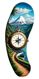 realistic, MT. hood, airplane, hawaii, compass, pocket watch, pathway, tattoo design idea