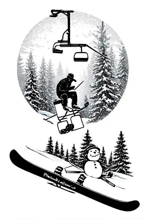 Ski theme thigh tattoo featuring snow-covered trees, a chair lift, a snowman, and other snow activities. tattoo design idea