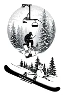 Ski theme thigh tattoo featuring snow-covered trees, a chair lift, a snowman, and other snow activities. tattoo design idea