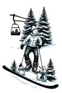 Ski theme thigh tattoo featuring snow-covered trees, a chair lift, a snowman, and other snow activities. tattoo design idea