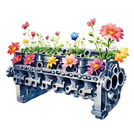 V8 engine block with flowers growing out of cylinders tattoo design idea