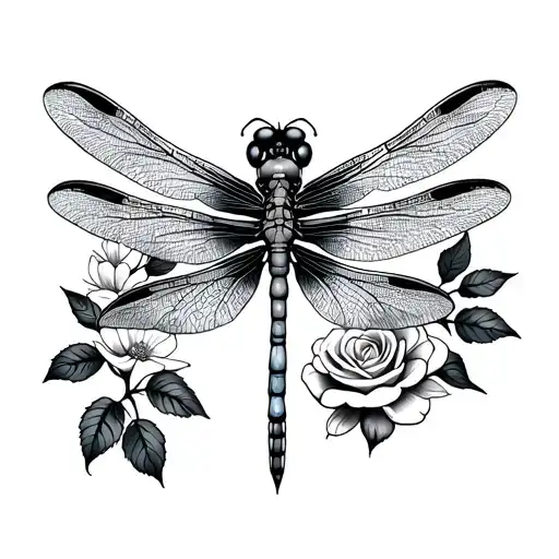 Dragonfly and rose and cherry blossoms tattoo design idea