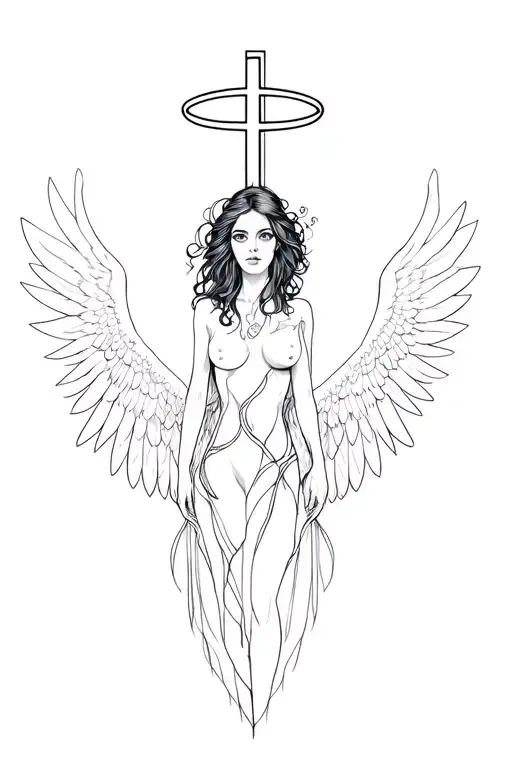 Fallen Angel cross halo cyber sigilism style beautiful woman tattoo design idea