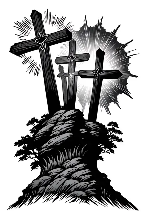 3 crosses on a hill with the sun beams comming frim behind with the full psalams 23:4 scripture under tattoo design idea
