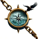 A COMPASS FLOATING ON TOP OF WATER CONNECTED TO A BROKEN CHAIN  WITH A STORMY SKY  AND AN EAGLE SITTING ON COMPASS tattoo design idea