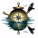 A COMPASS FLOATING ON TOP OF WATER CONNECTED TO A BROKEN CHAIN  WITH A STORMY SKY  AND AN EAGLE SITTING ON COMPASS tattoo design idea