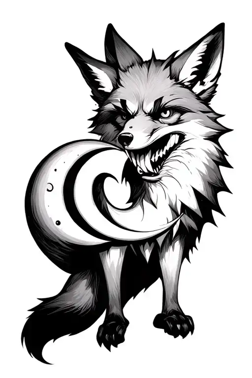 Black and white engraving style drawing. Fox with mad frenzied gaze holding a Crescent moon in his mouth. Full-length in tattoo design idea